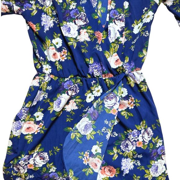 LULU'S Mini Floral Dress Faux Wrap LongSleeve V-Neck Cocktail Blue Cottagecore - Picture 6 of 12